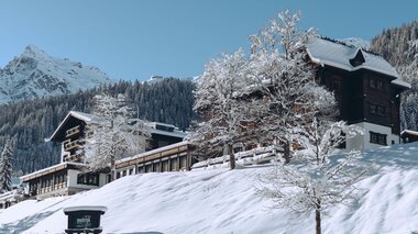 Ein malerisches Chalet in einer schneebedeckten Landschaft. Die Umgebung ist von Bergen und Tannenbäumen umgeben, unter klarem Himmel.