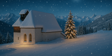 Silbertaler Bergknappen Weihnacht - Bergknappenkapelle St. Agatha in weihnachtlicher Stimmung mit Christbaum | © KI-generiert|Montafoner Kristbergbahn Silbertal GmbH, Jürgen Zudrell vom Panoramagasthof Kristberg